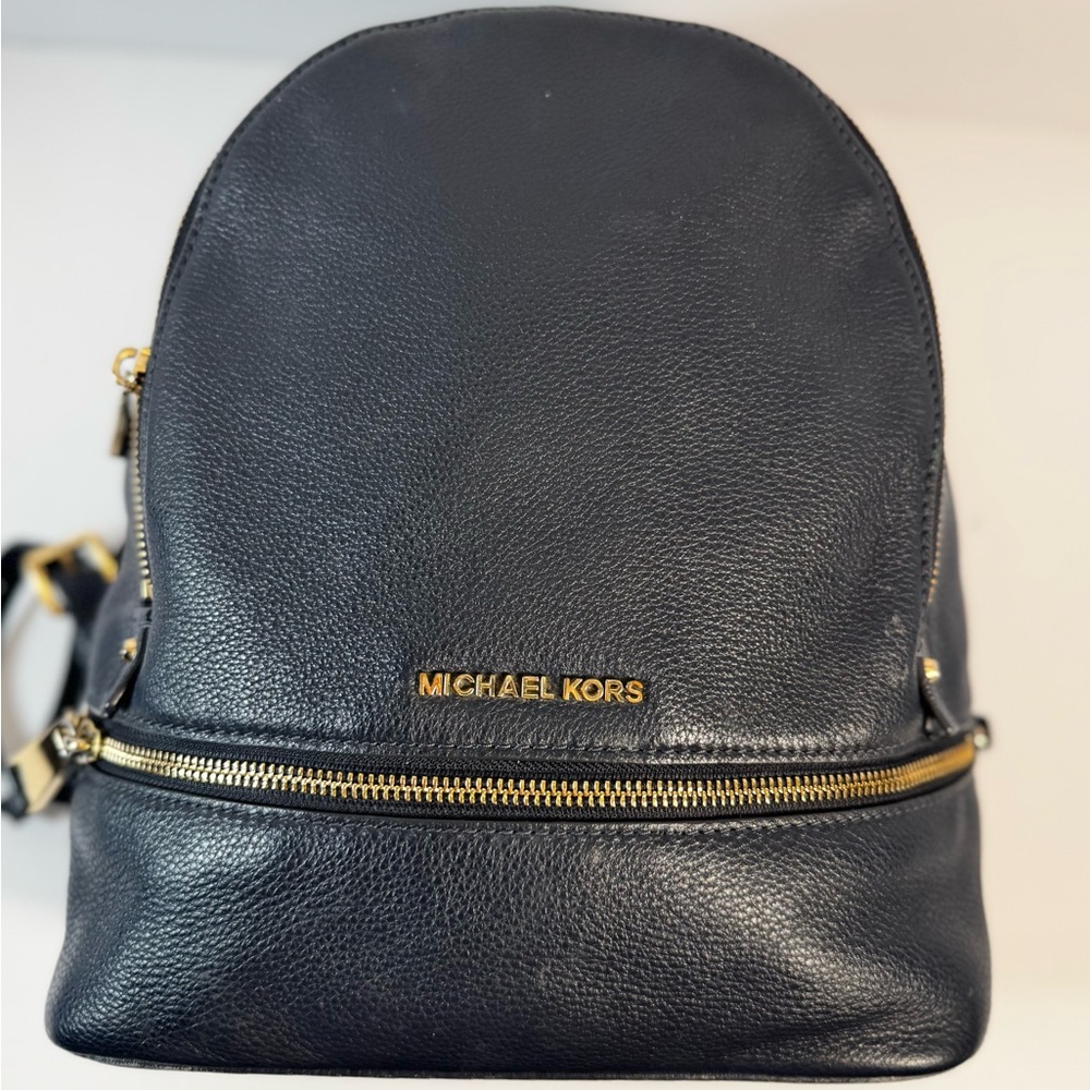 Michael Kors Dark Blue Leather Pebbled Backpack with Gold Accents